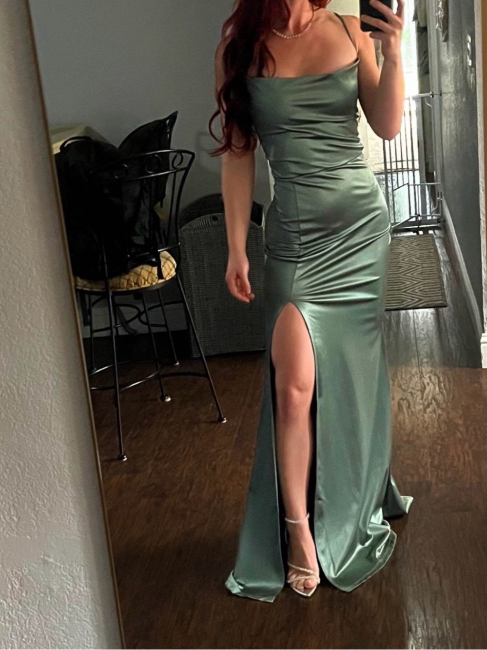 Windsor Satin Cowl-Neck Prom Gown in Sage